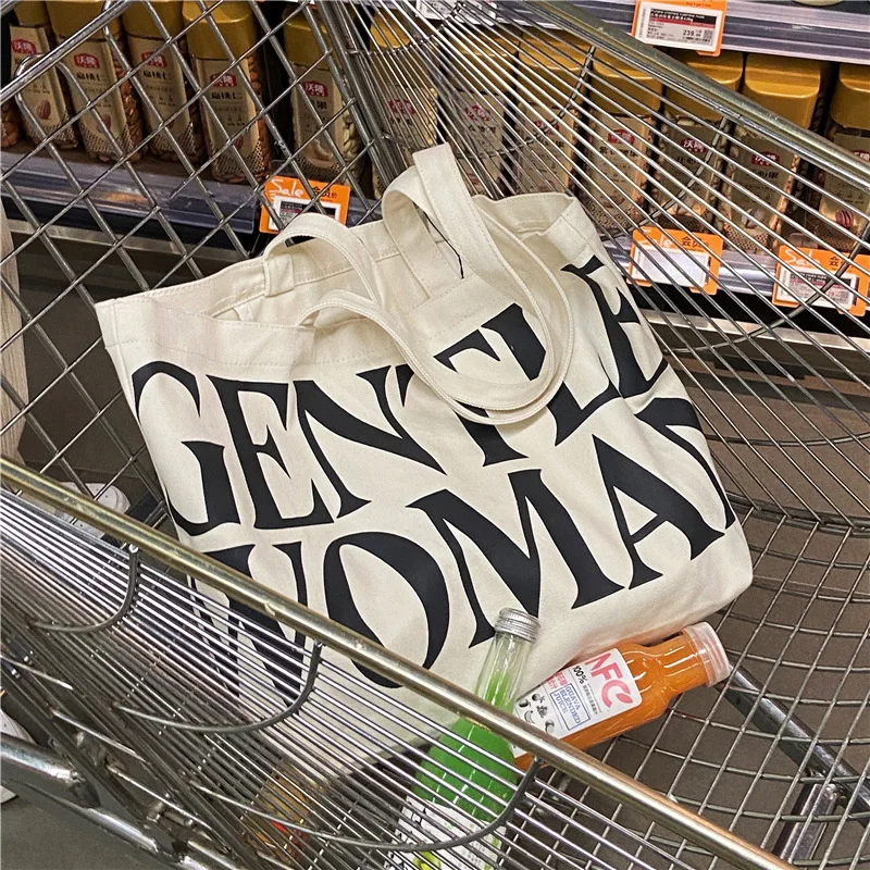 Women Canvas Shoulder Bags GENTLEWOMAN Letter Tote Handbags Female Casual Large Capacity Cotton Cloth School Travel Shopping Bag
