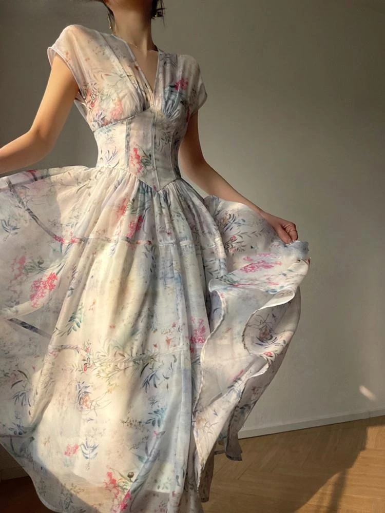 

French Vintage Print V Neck Midi Dress Women 2023 Summer New Elegant Party Prom Princess Vestidos Female One Piece Sweet Clothes