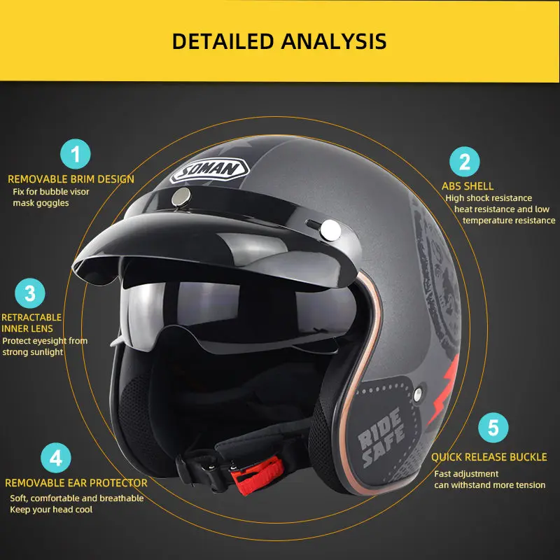 Шлем для мотоцикла Soman Vintage Vespa Retro Motocicleta Cacapete Casco Casque Para Moto 3/4 Open Face, одобренный DOT.