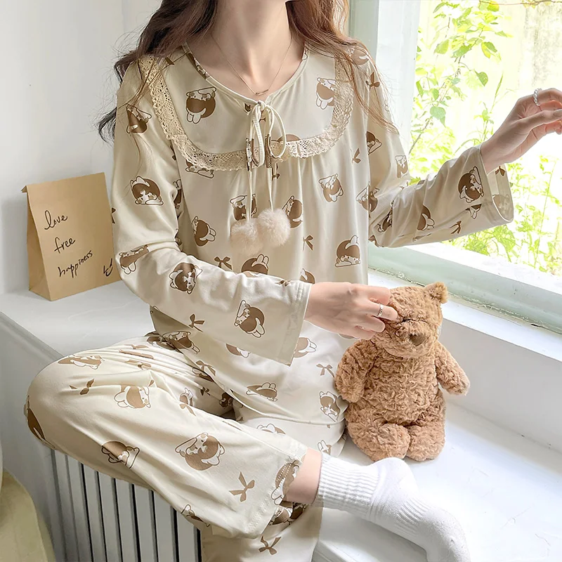 

Kawaii Pajamas For Women Princess Style Nightwear Summer Long Sleeve Sleepwear Lolita Girls Pyjama Mujer Home Clothes Suits