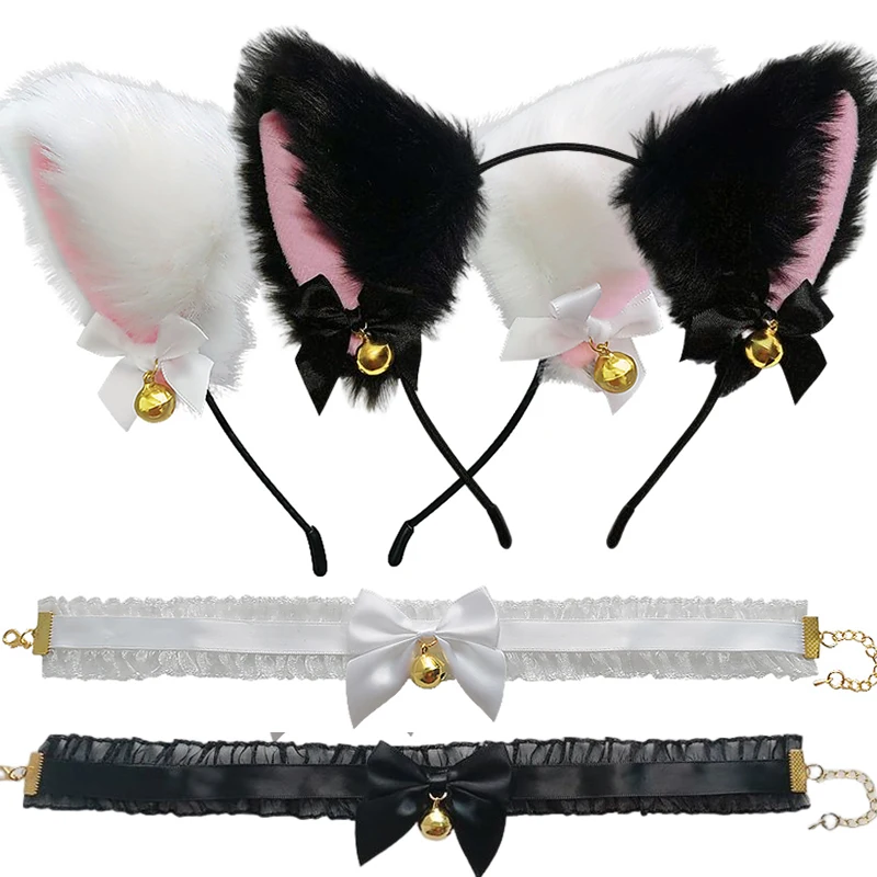 

2Pcs Cat Ear Headband With Bells Necklace Plush Furry Cat Ears Headwear Fancy Dress Hairband Women Girls Party Cosplay Headwear