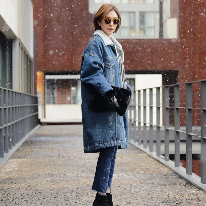 Blue Top Fleece Warm Winter Denim Jacket Women New Fashion Velvet Thick Jean Coat Female Long Single Breasted Ladies Outerwear