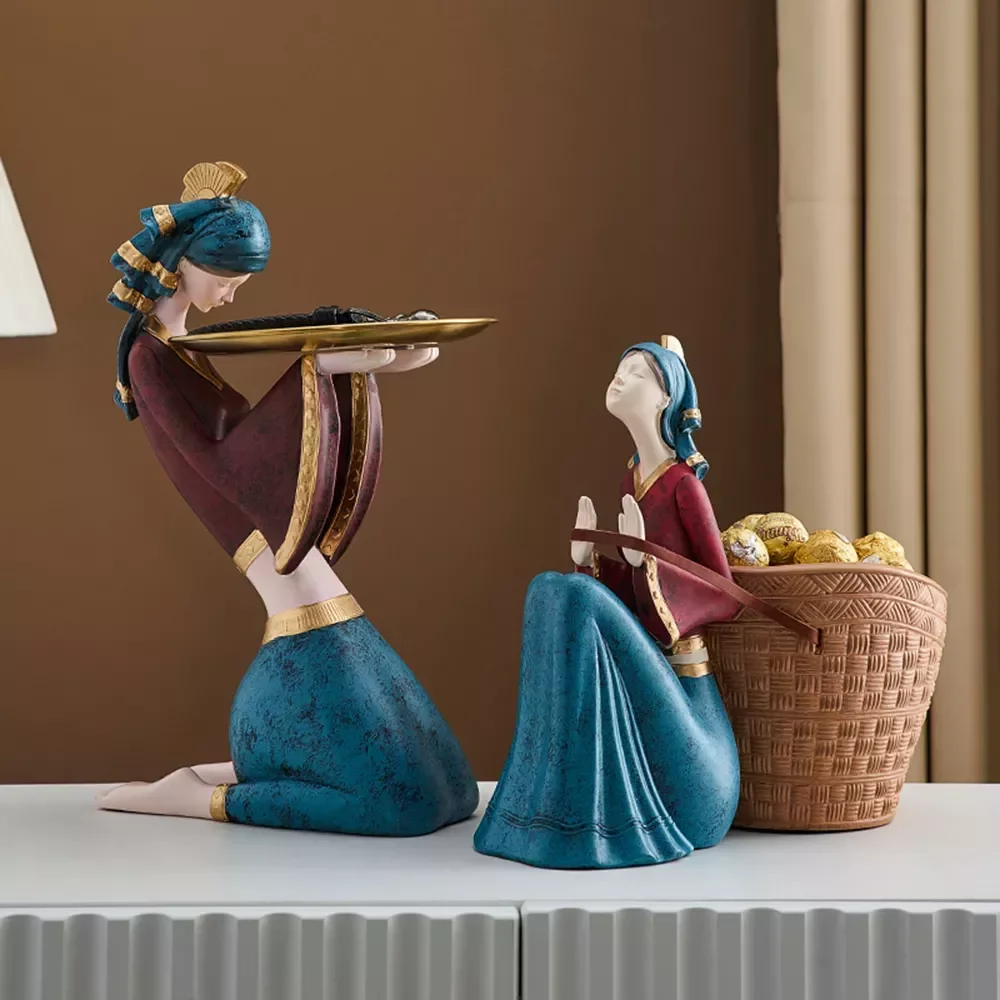 

Girl Sculpture Storage Tray Resin Statue Home Decoration People Storage Plate Basket Gilr Figurines for Room Decor Wedding Gift