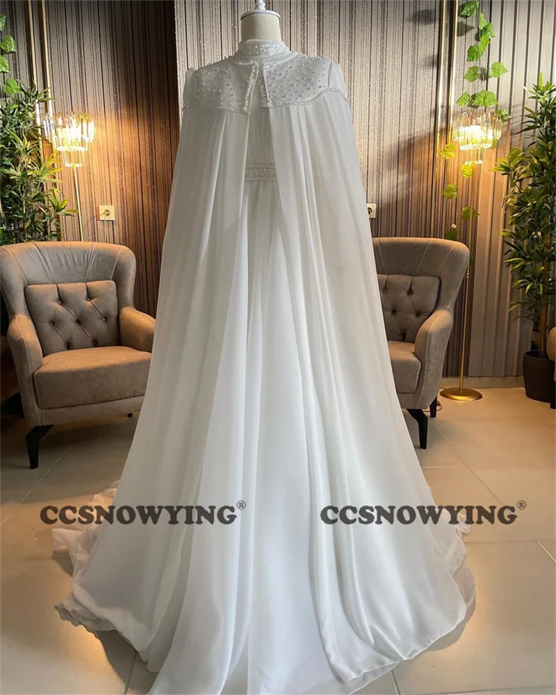 

Chiffon Beaded with Cape Muslim Wedding Dress Long Sleeve Islamic Bridal Gowns High Neck Arabic Dubai Kaftan Robe De Mariée