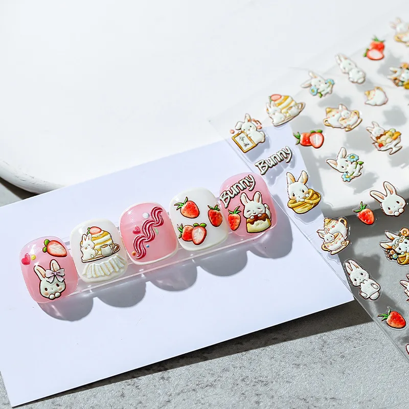 

5D милый кролик крем Клубника Фрукты пищи линия цветок Мягкие рельефы Самоклеящиеся украшения для ногтей наклейки милые 3D наклейки для ногт...