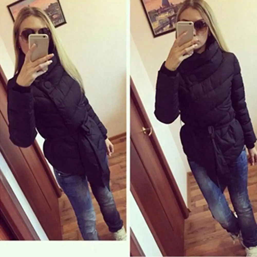 2023 Parkas Winter Single Breasted Women Casual Fashion Down Jacket Short Coat High Neck Sashes Button Coats Warm Sashes Jackets