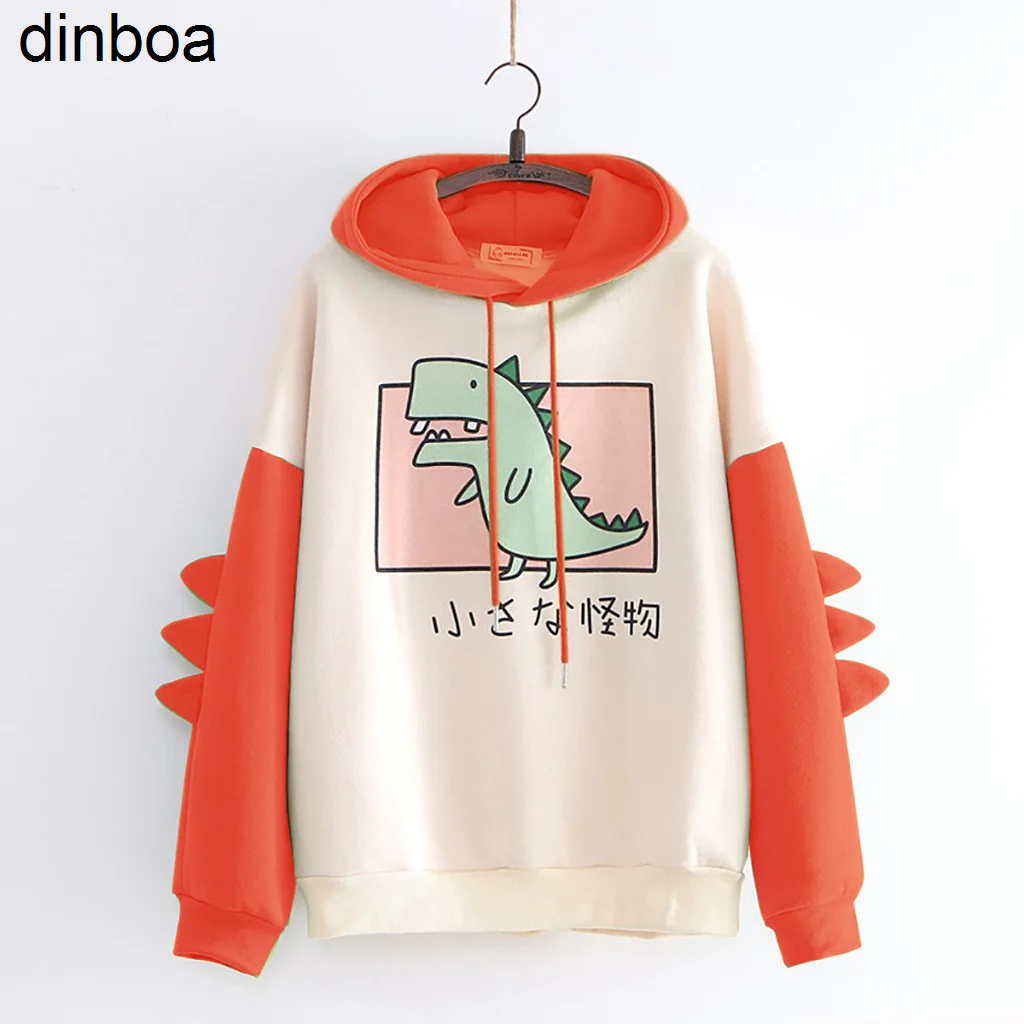 

Winter Dino Hoodie Tops Dinosaur Oversized Cartoon Hoodie Women Fashion Sweatshirt Casual Print Korean Style Thicken Sweatshirt