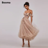 booma champagne tulle midi prom dresses off shoulder handmade flowers tea length a line short wedding party dresses lace up