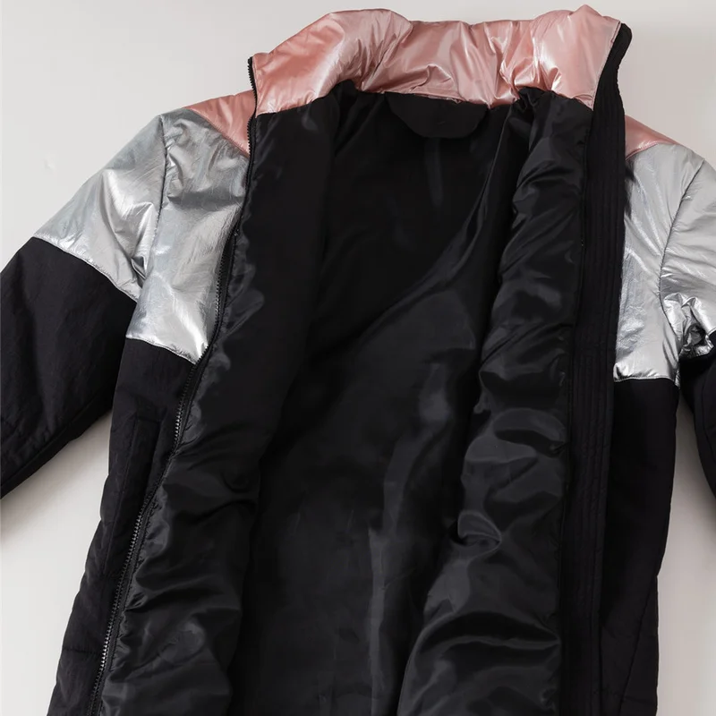 Autumn Winter Zipper Color Patchwork Fashion Thickening Jackets Women Turtleneck Mid-length Coats Loose Casual Female Overcoat