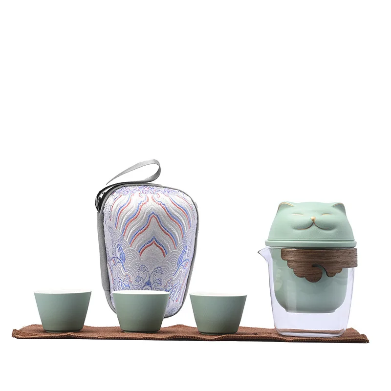 

Cute Cat Tea Separation Cup Outdoor Camping Trip Ceramic Kung Fu Tea Set Chinese Portable Water Cup Gift