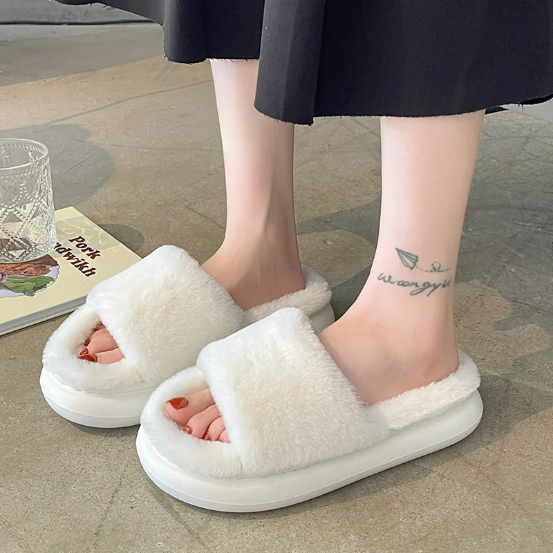 

2022 fluffy Fur Furry Thick Platform Home Women Slippers Winter Warm Plush Slides Non-slip Flip Flops Outdoor Indoor Shoes