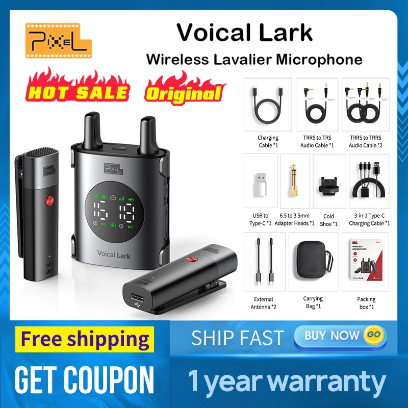 

Беспроводная петличная микрофонная система Pixel UHF с 1 приемником, 2 передатчиками, совместима с камкордерами, DSLR-камерой и iPhone