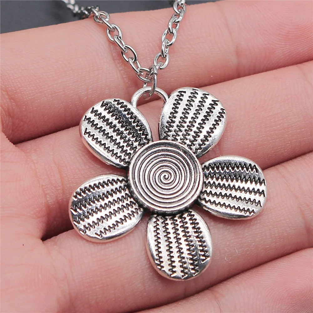 Ожерелье с кулоном в виде цветка для женщин и мужчин, длинная цепь под античное серебро, 35 х34 мм