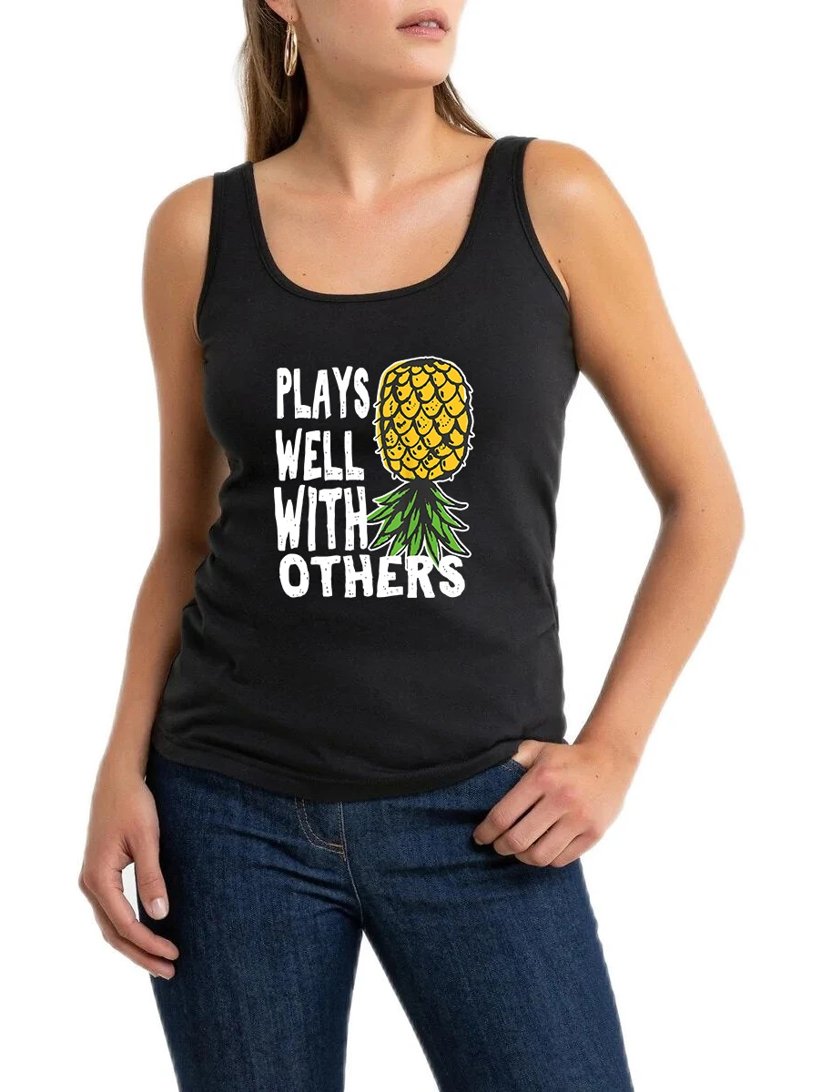 

Swinger Couples Plays Well With Others Upside Down Pineapple Tank Top Hot Wife Sexy Slim Sleeveless Tops Gym Fitness Camisole