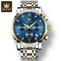 olevs 2858 stainless steel strap quartz watches for men multifunctional three eye business waterproof men wristwatches calendar