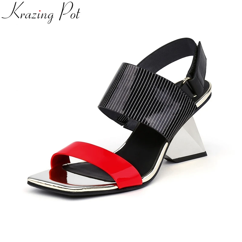 

Krazing Pot 2022 cow leather mixed colors peep toe summer shoes strange style party high heels brand nightclub women sandals