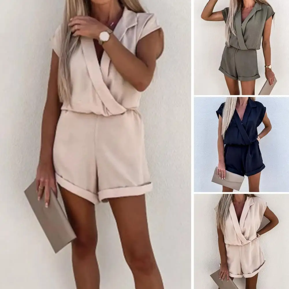

Women Romper Solid Color Loose Type V Neck Sleeveless Lightweight Summer Jumpsuit Commute Clothes Elegant Office Jumpsuit Women