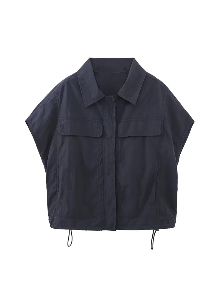 

Женский летний топ с карманами Kumsvag, повседневный милый однотонный топ с отложным воротником, 2023