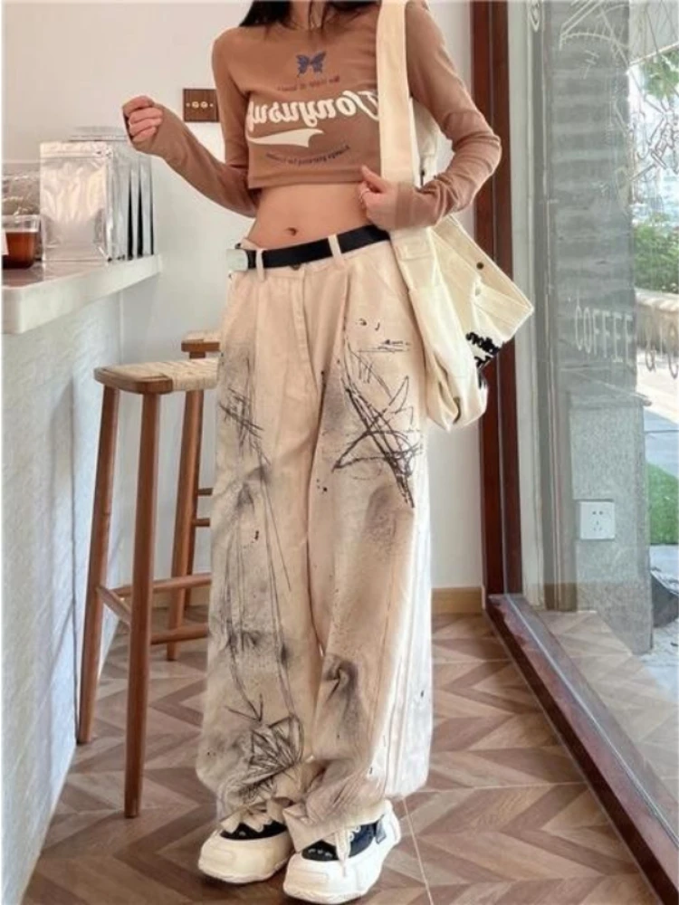 HOUZHOU Harajuku Y2k Jeans Women Grunge Hippie Oversized Denim Trousers Vintage Beige Wide Leg Graphic Pants Streetwear Female