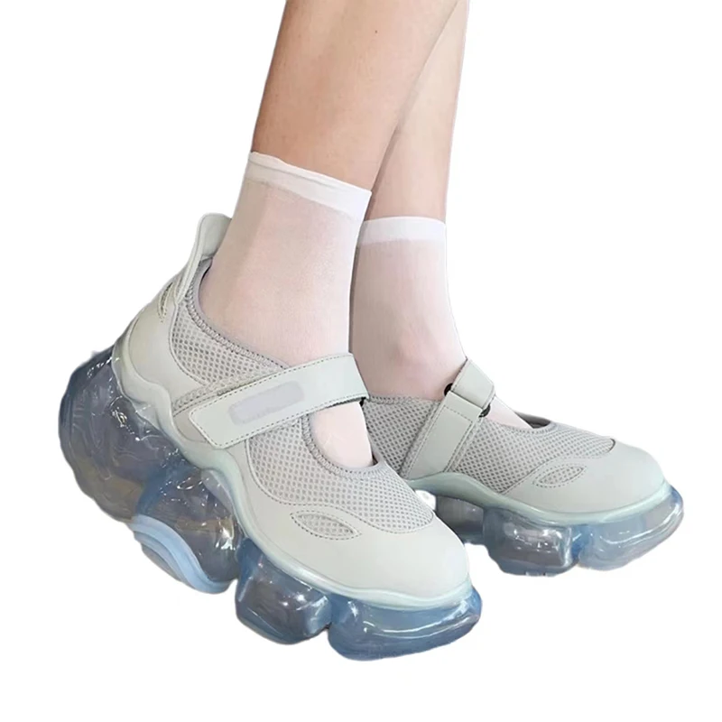 2023 Women Bubble Damping Thick Sole Round Toe Hook&Loop Flats Sneakers Ladies Mesh High Platform Mixed Color Dad's Casual Shoes