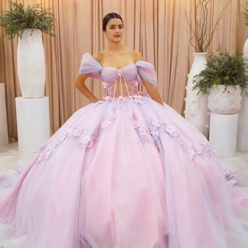 Розовые небесно-голубые платья Quinceanera Милая с открытыми плечами и аппликацией