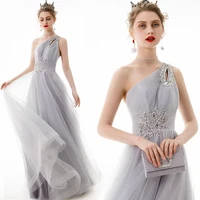 silver grey sleeveless prom dress one shoulder a line beading sequin charming pleated tulle formal party gown vestidos de fiesta