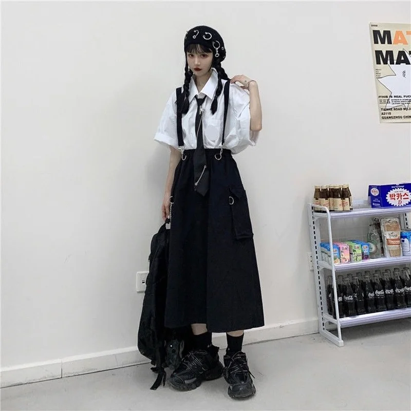 Женская длинная юбка с цепочкой белая/черная в японском стиле весна-осень 2021 -