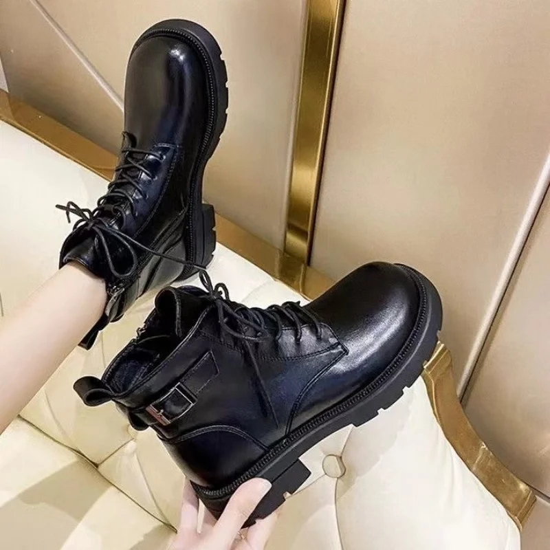 Botas De Mujer Pu Leather Motorcycle Boots Thick-soled Mid-heel Ankle Boots Round Head Zipper Lace Women's Boots Autumn Winter