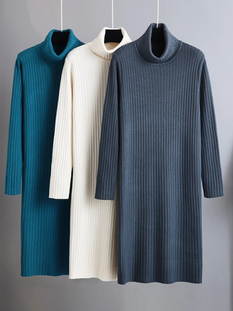 

SURMIITRO 2022 осень-зима толстый теплый свитер платье для женщин с высоким, плотно облегающим шею воротником синий белый трикотажный джемпер с дл...