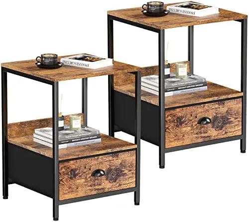 

of 2 Nightstand with Drawer, End Table with Storage Shelf, Industrial Side Sofa Table, Bedside Accent Furniture Metal Frame Easy