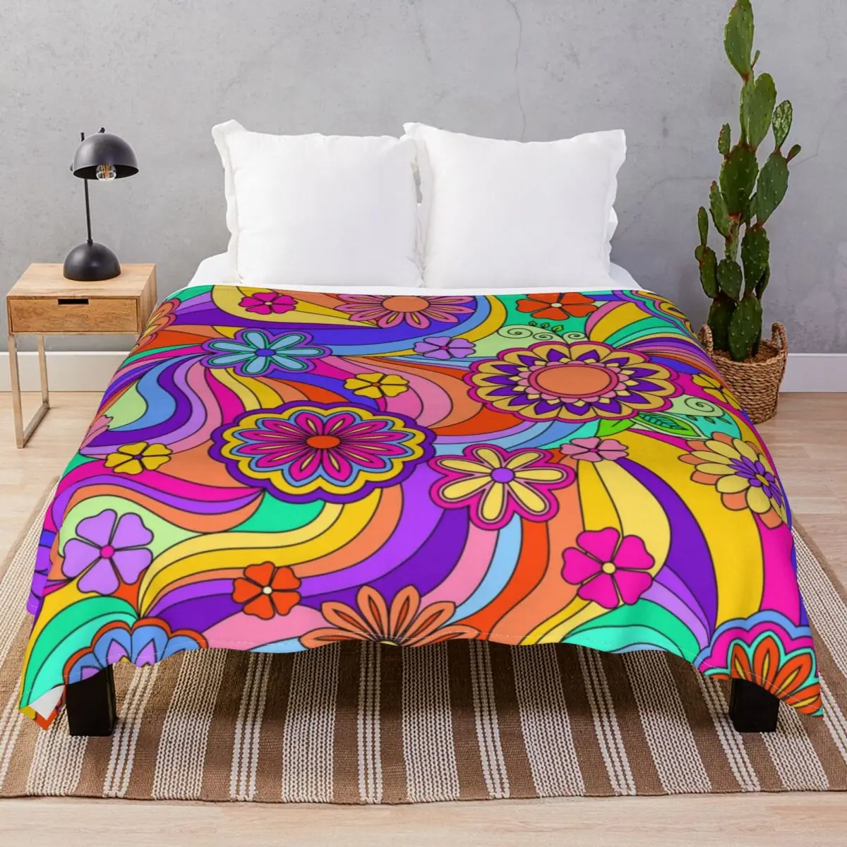 Groovy Psychedelic Flower Power Blankets Flannel Plush Decoration Super Warm Throw Blanket for Bed Home Couch Travel Cinema