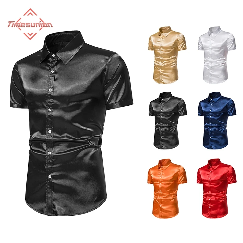 

Glossy Solid Color Short Sleeves Shirt for Men Button Down 70s Disco Party Shirts Male Nightclub Party Prom Chemise