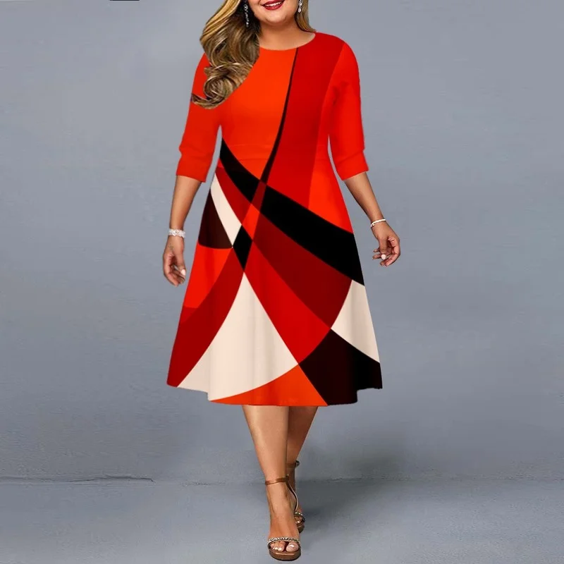 

Plus Size Women Clothing 2022 Elegant Geometric Print Party Dress Ladies A-Line Red Midi Dress New Year Evening Club Outfits 5XL