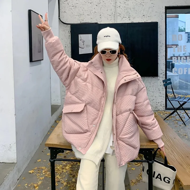 Pressed Pleated Stand Collar Down Jacket Women's Winter New Loose Cotton Jacket White Duck Down Short Section Warm Bread Clothes