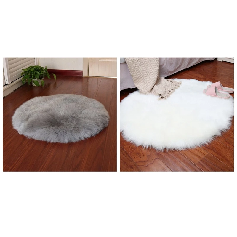 

2 Pcs Faux Sheepskin Wool Carpet 30 X 30 Cm Fluffy Soft Longhair Decorative Carpet Cushion Chair Sofa Mat Round, Grey & White