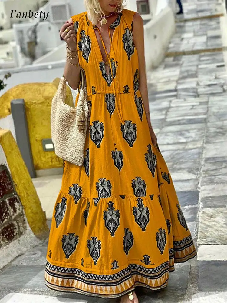 

Women Elegant V Neck Drawstring Tie-up Long Dress Vintage Print Loose Party Dress 2022 Summer Casual Sleeveless Boho Beach Dress