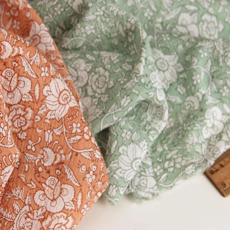 

100% Cotton CREPE Very Thin Green Orange White Floral Pinecone Flower Stripe Fabric For Summer Dress Sun-Protective Clothing Top