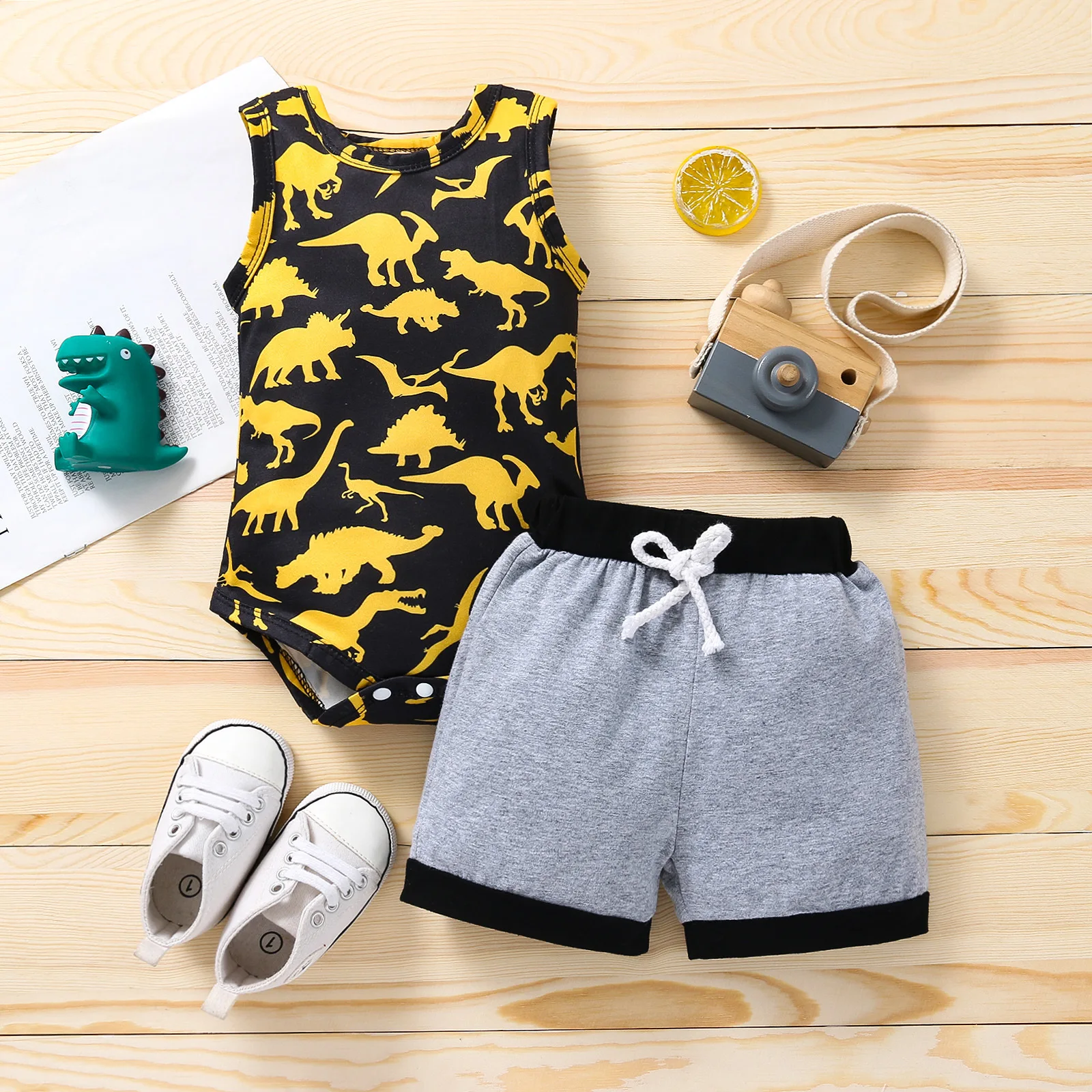 

Baby Boy Clothes Toddler Summer Vest Outfits Infant Cartoon Dinosaurs Print Bodysuit + Solid Shorts 2pcs Set Children Clothing