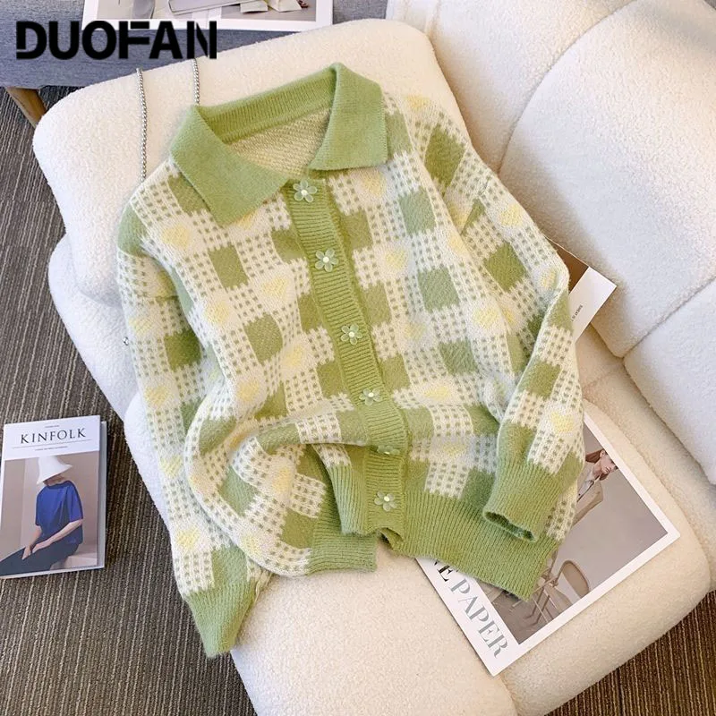 

DUOFAN Autumn Winter Sweater Women Cardigan Japanese Plaid Lapel Single Breasted Love Printed Knitted Sweater Loose Sweatercoat
