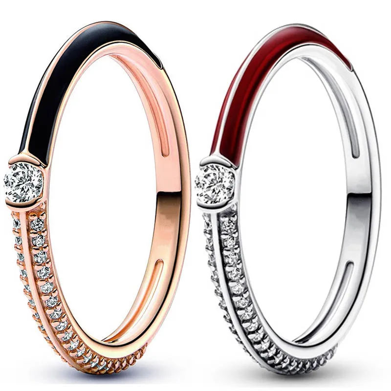 Authentic 925 Sterling Silver Rose Gold ME Pave & Red Black Dual Ring With Crystal For Women Birthday Gift Fashion Jewelry