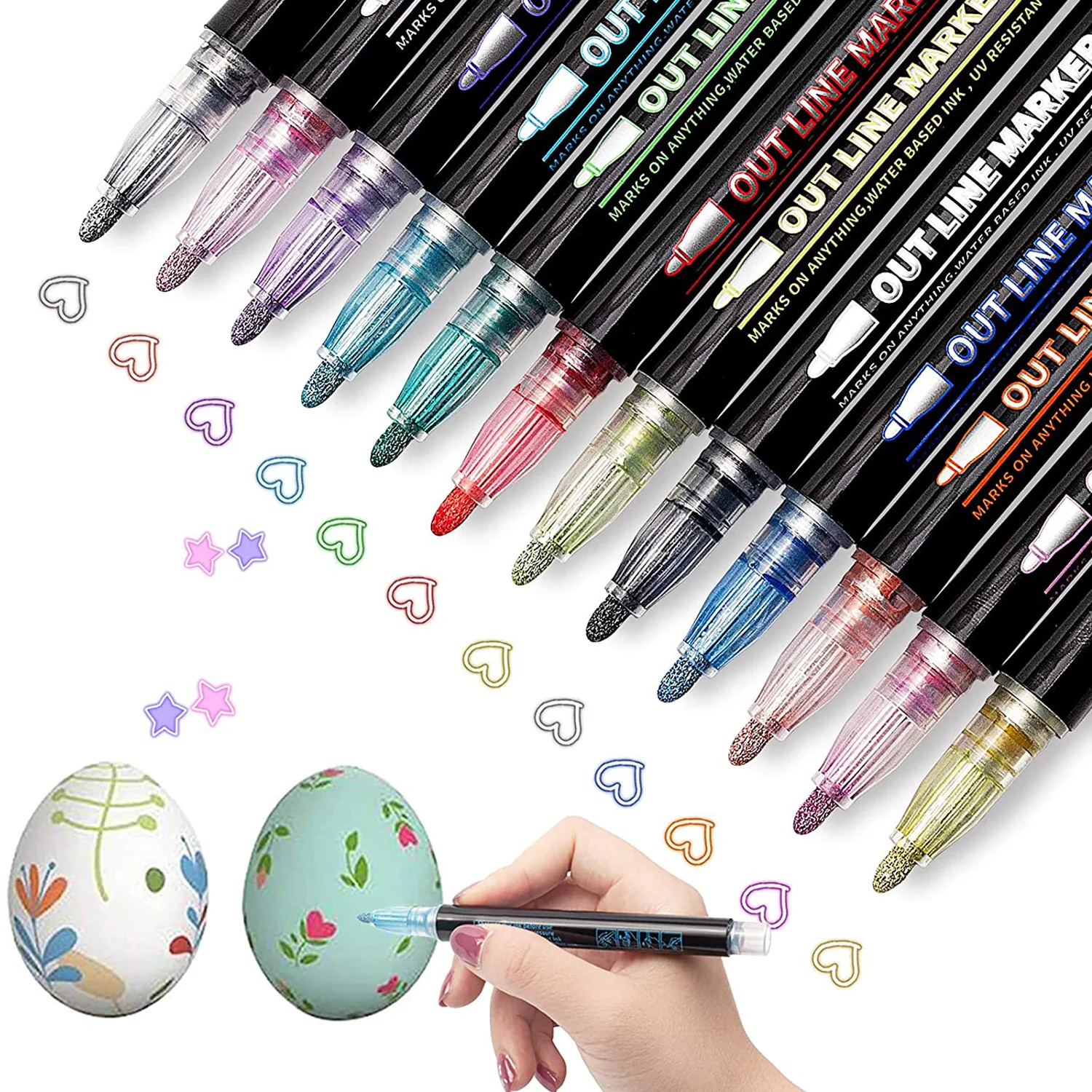

Outline Markers 12/24 Colors Shimmer Marker Set,Outline Metallic Markers Double Line Pens for Easter Eggs, Card Making,Crafts