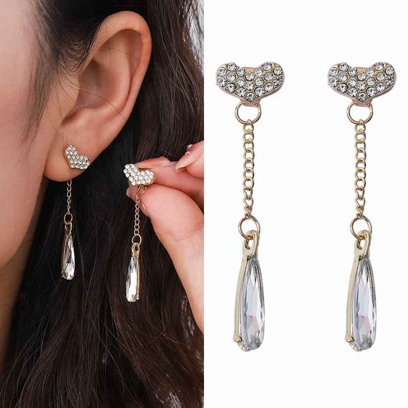 

2022 New Trendy Earrings for Women Luxury Inlay Rhinestone Heart Drop Earrings Lady Elgant Long Pendant Dangle Earring Wholesale