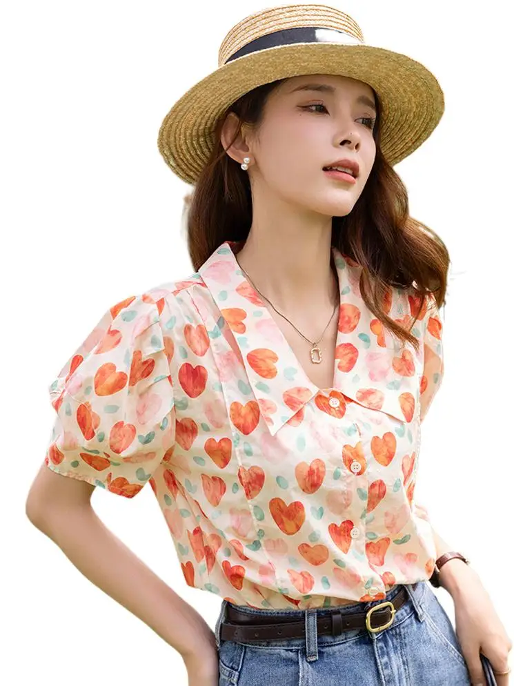 

2023 Summer New Love Heart Printed Women Shirt Brand Lady Fine Tops Casual Senior puff Sleeve Cotton red blue Blouse 5XL 6XL