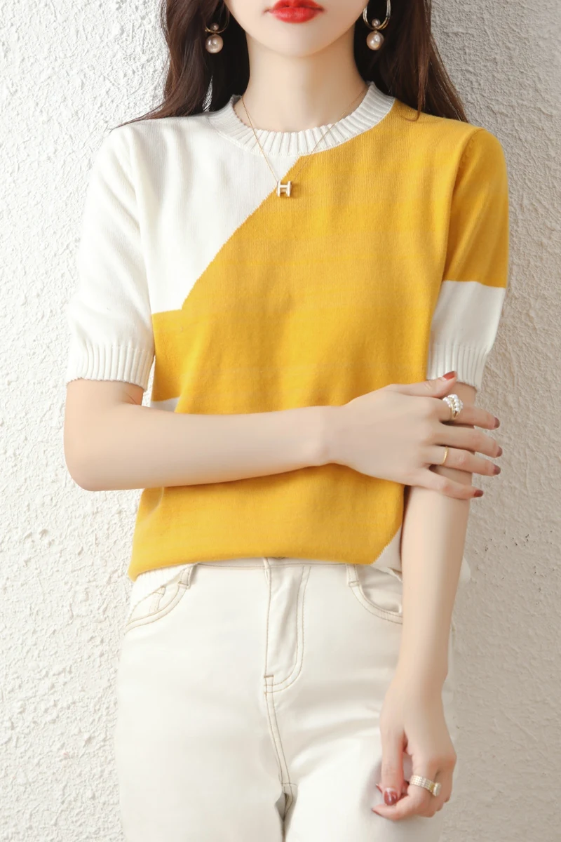 

Summer New Design Unique and Versatile Pure Cotton Round Neck Colored Casual Loose Half Sleeve Knitted Women's Top