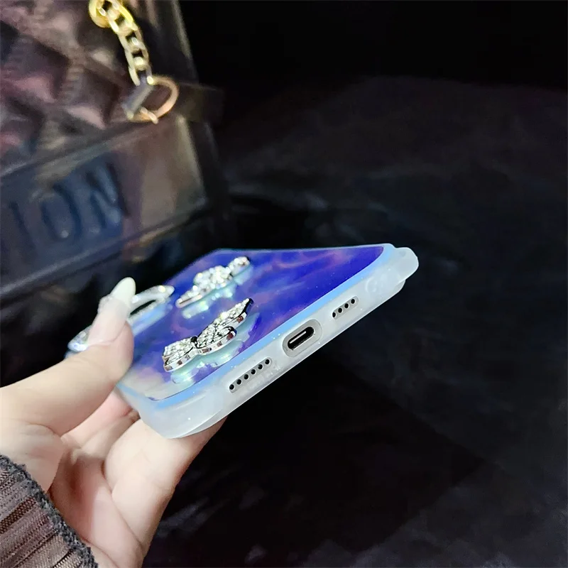 Жидкий Блестящий Защитный чехол с бабочкой для камеры iPhone 11 12 13 14 15 16 Pro Max Plus