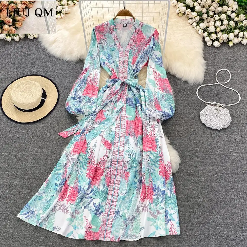

Runway Dresses Women 2022 Spring V-neck Puff Long Sleeve Button Vintage Floral Print Luxury Elegant Bandage Maxi Dress Vestidos