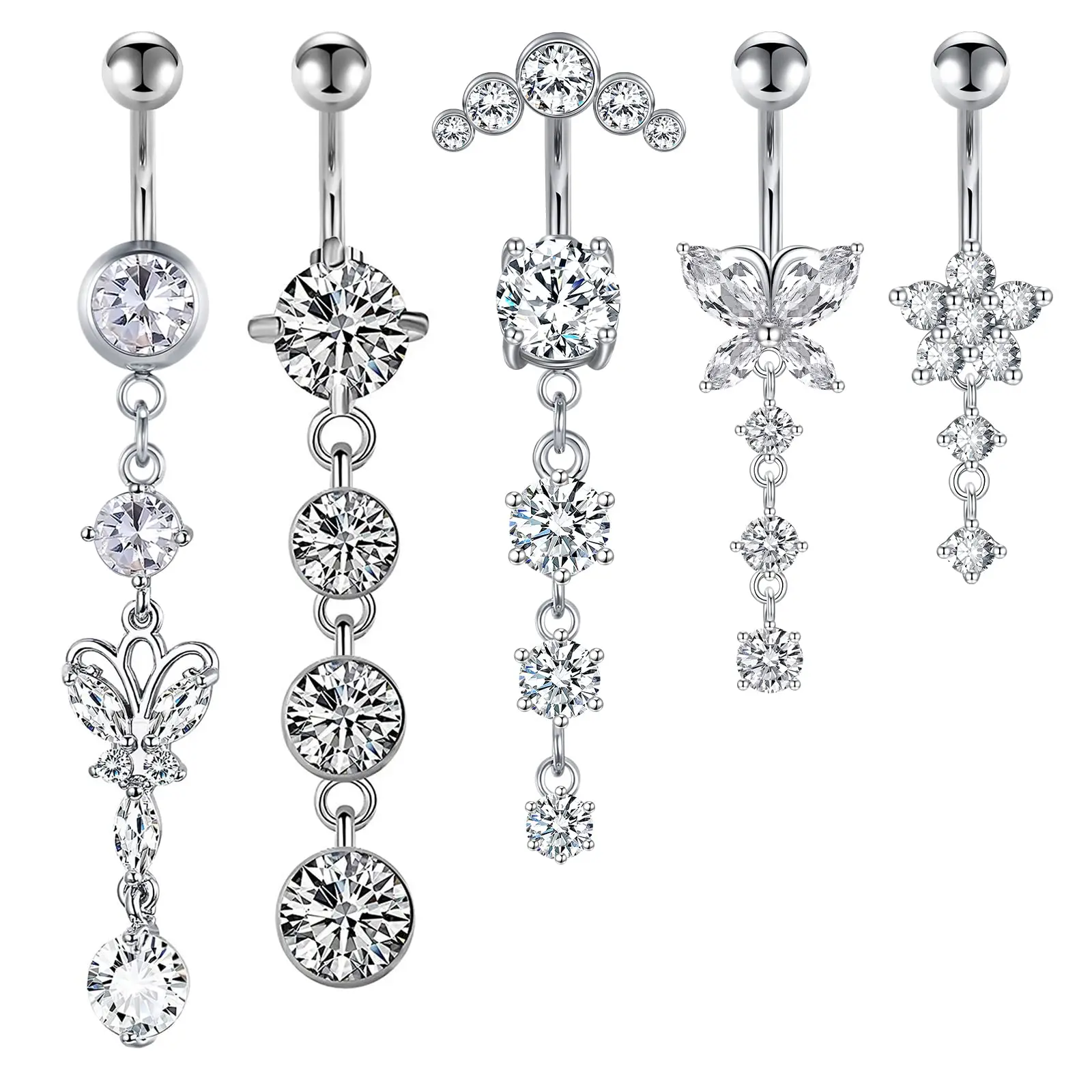 

5 Pcs 14G Dangle Belly Button Rings Surgical Steel Dangling Butterfly CZ Belly Rings for Women Silver Belly Piercing Jewelry