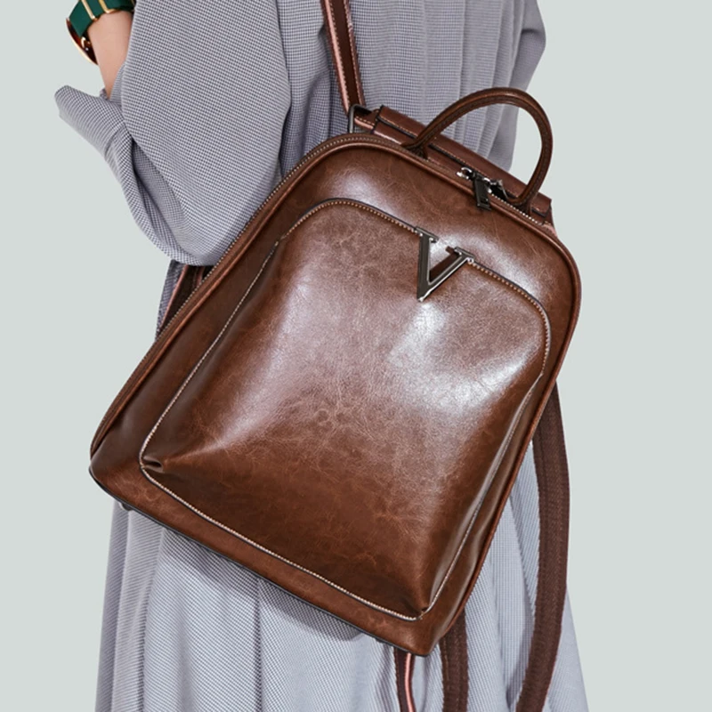 

Backpack Daypack Cross Retro Genuine Bags Women School Oil Female Leather Cowhide Knapsack Shoulder Body Fashion Wax Rucksack