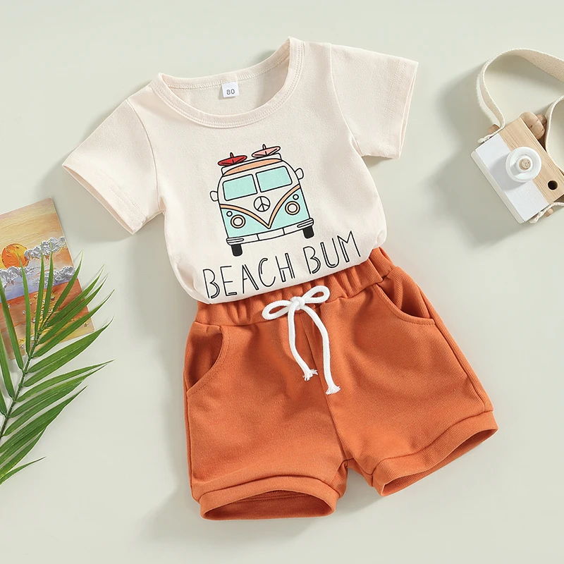 Toddler Baby Boy Beach Clothes Short Sleeve Bus Print T-Shirt Pocket Shorts Set