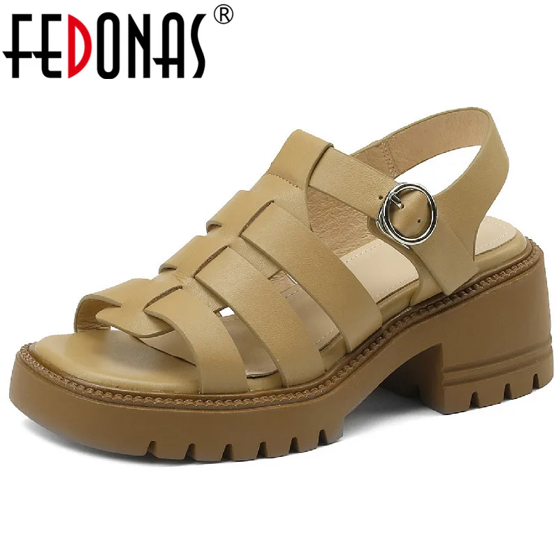 

FEDONAS Sandals For Women Summer Working Casual Peep Toe Thick Heels Genuine Leather Platforms Gladiator Shoes Woman Retro Style